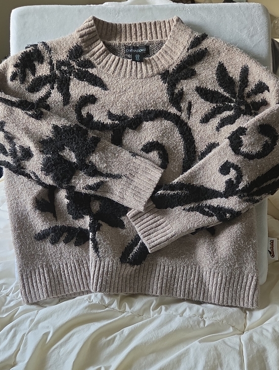 Cynthia Rowley Sweaters - Cynthia Rowley Taupe Crewneck Sweater with Black Floral Motif- Fits Up To XL